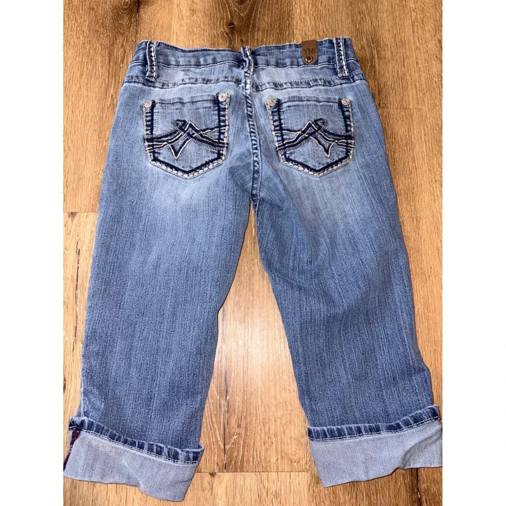 VTG YMI Medium Wash Low Rise Capri Jeans Whiskered Thick Stitch Size 1 Y2K